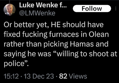 screenshot of a december 2023 facebook post by luke wenke complaining about benjamin ryan teeter not wanting to date him