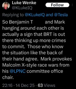 a screenshot of a december 2025 luke wenke tweet obsessing over benjamin ryan teeter