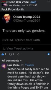 screenshot of a homophobic tweet by luke wenke june 2023