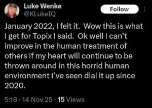 screenshot of luke wenke playing victim over romantic rejection from ryan teeter november 2025