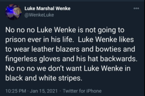 luke wenke twitter x screenshot never going to prison 2021