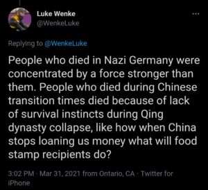 luke wenke twitter x screenshot 2021 nazis chinese racist poverty shaming