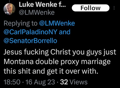 screenshot of an august 2023 luke wenke x/twitter screenshot demanding help with double proxy marriage to stalking victim