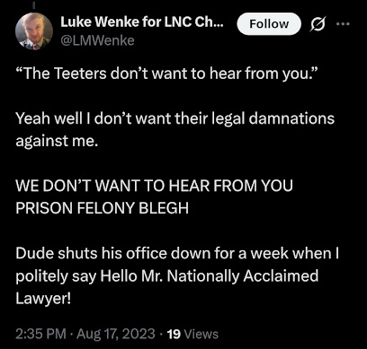 luke wenke demonstrates an awareness that his stalking victims want zero contact x/twitter screenshot august 2023