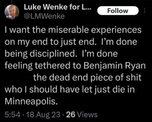 luke wenke x twitter screenshot ryan benjamin teeter obsession 2023