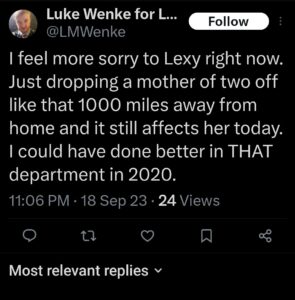 luke wenke lexy fake remorse x twitter screenshot 2023