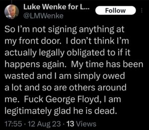 luke wenke racist tweet george floyd screenshot