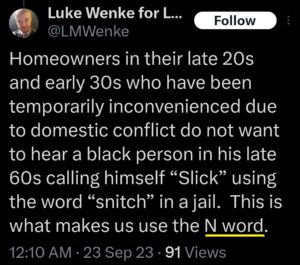 luke wenke x twitter screenshot racist tweet n word 2023