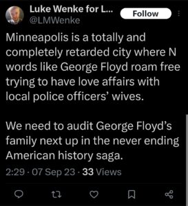 luke wenke minneapolis george floyd racist tweet x screenshot twitter 2023