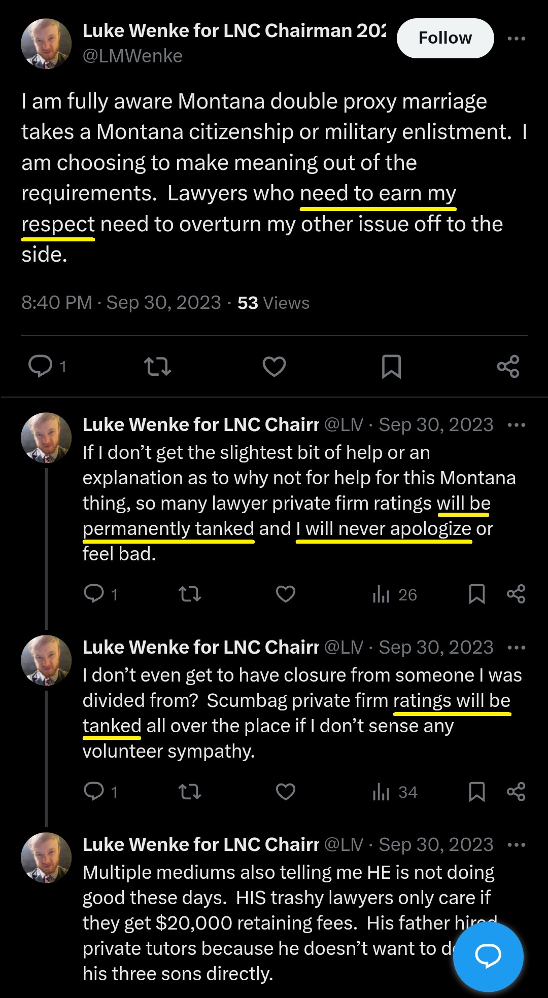 luke wenke x twitter screenshot threats false reviews 2023