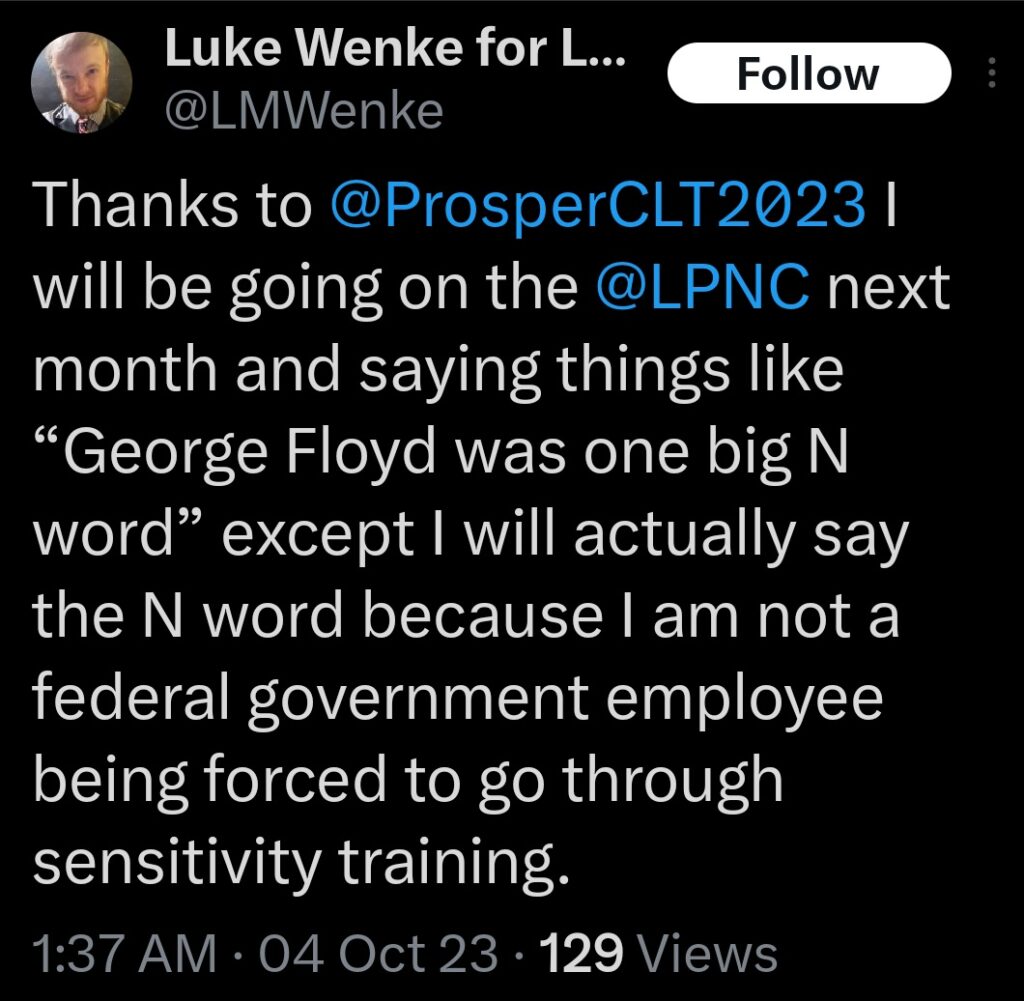 a racist x/twitter post by Luke Wenke october 2023