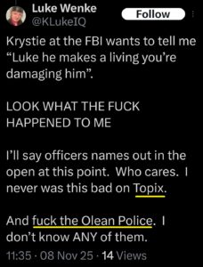 luke wenke x twitter screenshot antipolice topix incel talk 2025