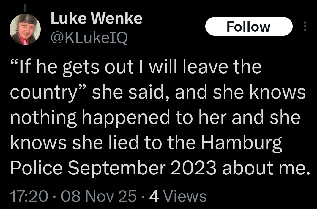 screenshot of a november 2025 Luke Wenke x/twitter screenshot mocking stalking victim katie