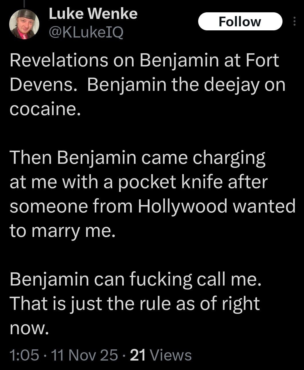 luke wenke x twitter screenshot ryan benjamin teeter erotomanic obsession 2025