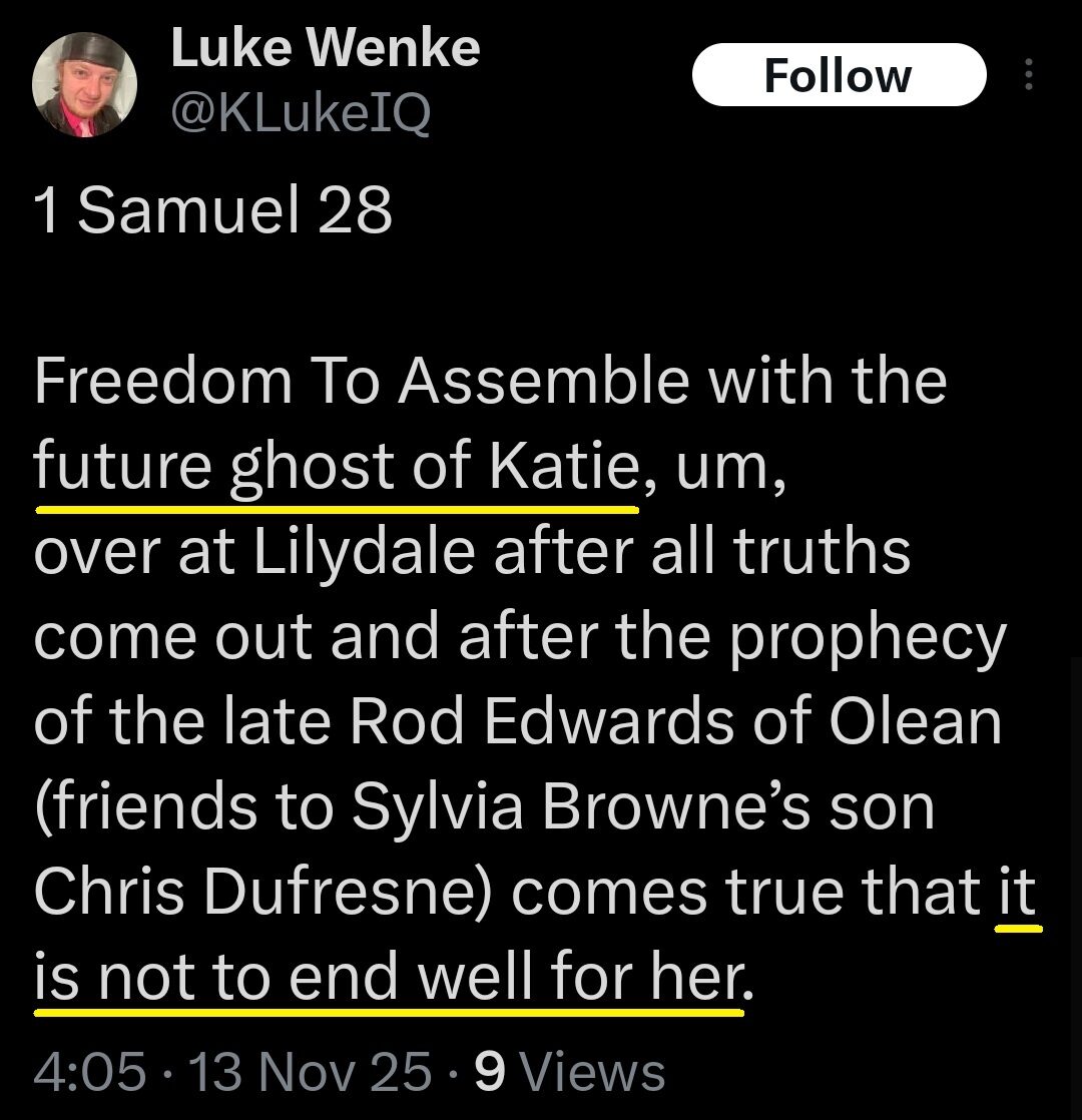 screenshot of a november 2025 luke wenke x/twitter post predicting stalking victim katie's death