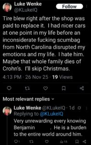 screenshot of luke wenke complaining about vehicle problems and wishing death on stalking victim ryan teeter's family november 2025