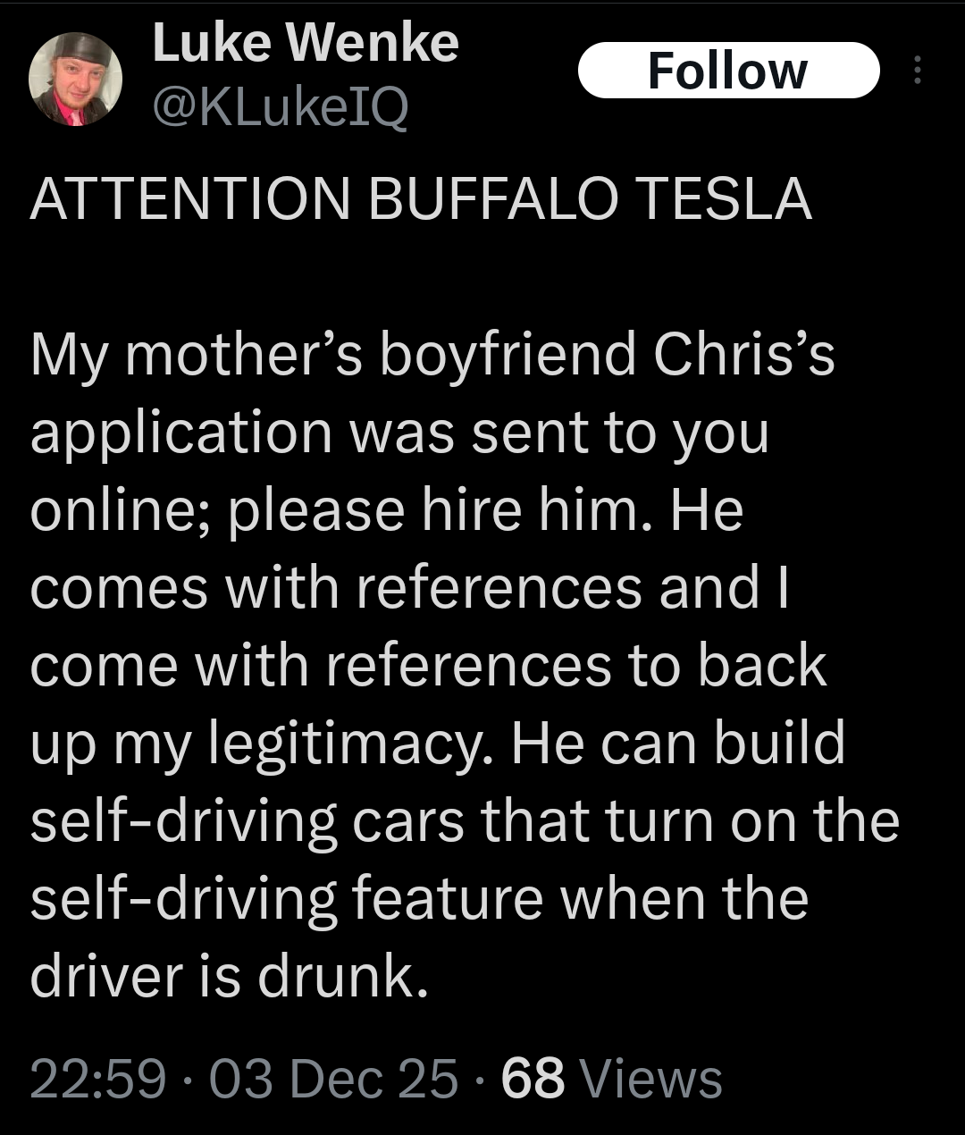 screenshot of a december 2025 luke wenke x/twitter post chris slocum mom's boyfriend wants a job at tesla