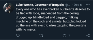 screenshot of a 2020 luke wenke x/twitter screenshot detailing a rape fantasy