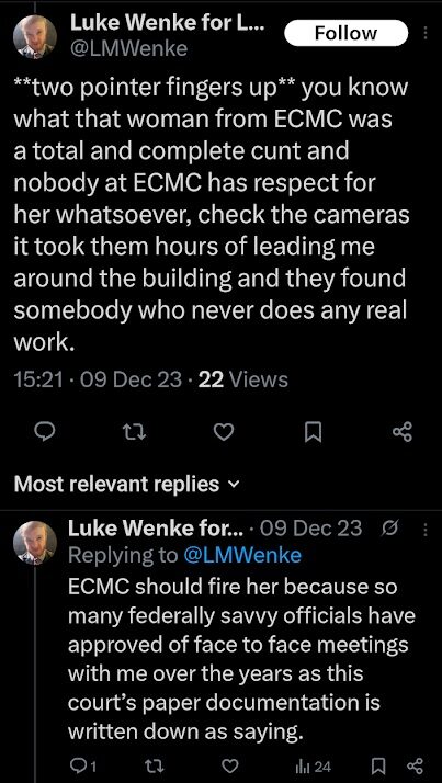 luke wenke calls social worker a cunt for refusing to stalk ryan teeter for him x/twitter screenshot december 2023