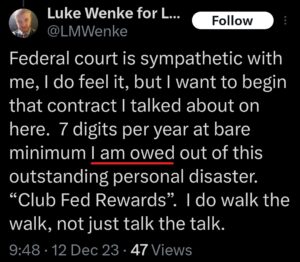 luke wenke demands owed x twitter screenshot 2023