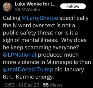 luke wenke larry sharpe racist tweet 2023 libertarian