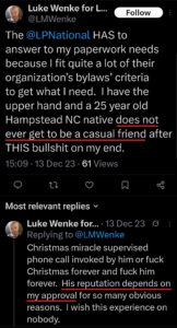 screenshot of a luke wenke x/twitter post demanding a romantic relationship with benjamin ryan teeter