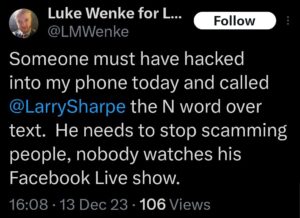 luke wenke x twitter screenshot racism larry sharpe libertarian n-word