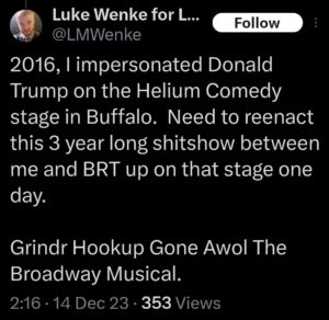 screenshot of a 2023 x/twitter post by luke wenke fantasizing about benjamin ryan teeter