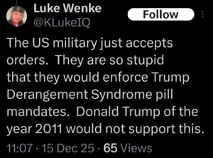 a screenshot of a december 2025 x/twitter post by Luke Wenke mocking the US military