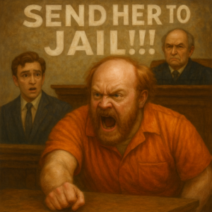 not luke wenke angry defendant orange jumpsuit inmate detainee prisoner courtroom balding white man demanding arrest