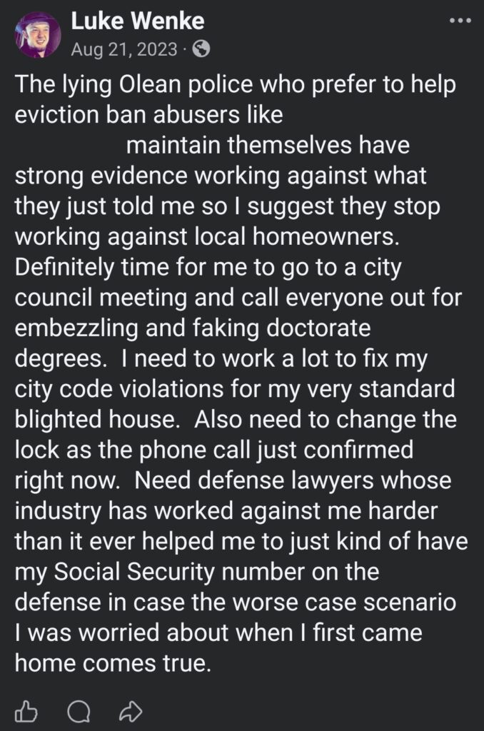 luke wenke facebook screenshot antipolice false allegations financial crimes