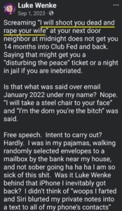 luke wenke facebook screenshot rape shooting threats denial 2023