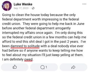 luke wenke facebook screenshot owed demands incel talk 2023
