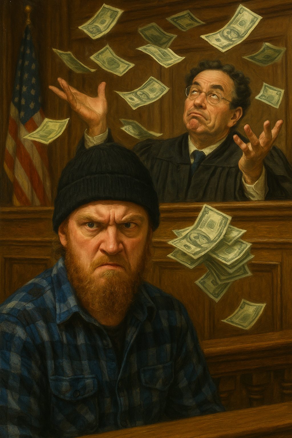 not luke wenke judge throwing money angry defendant crazy looking knit hat blue and black flannel courtroom
