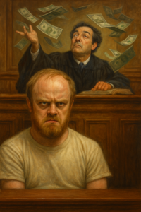 not luke wenke judge throwing money angry courtroom white t-shirt