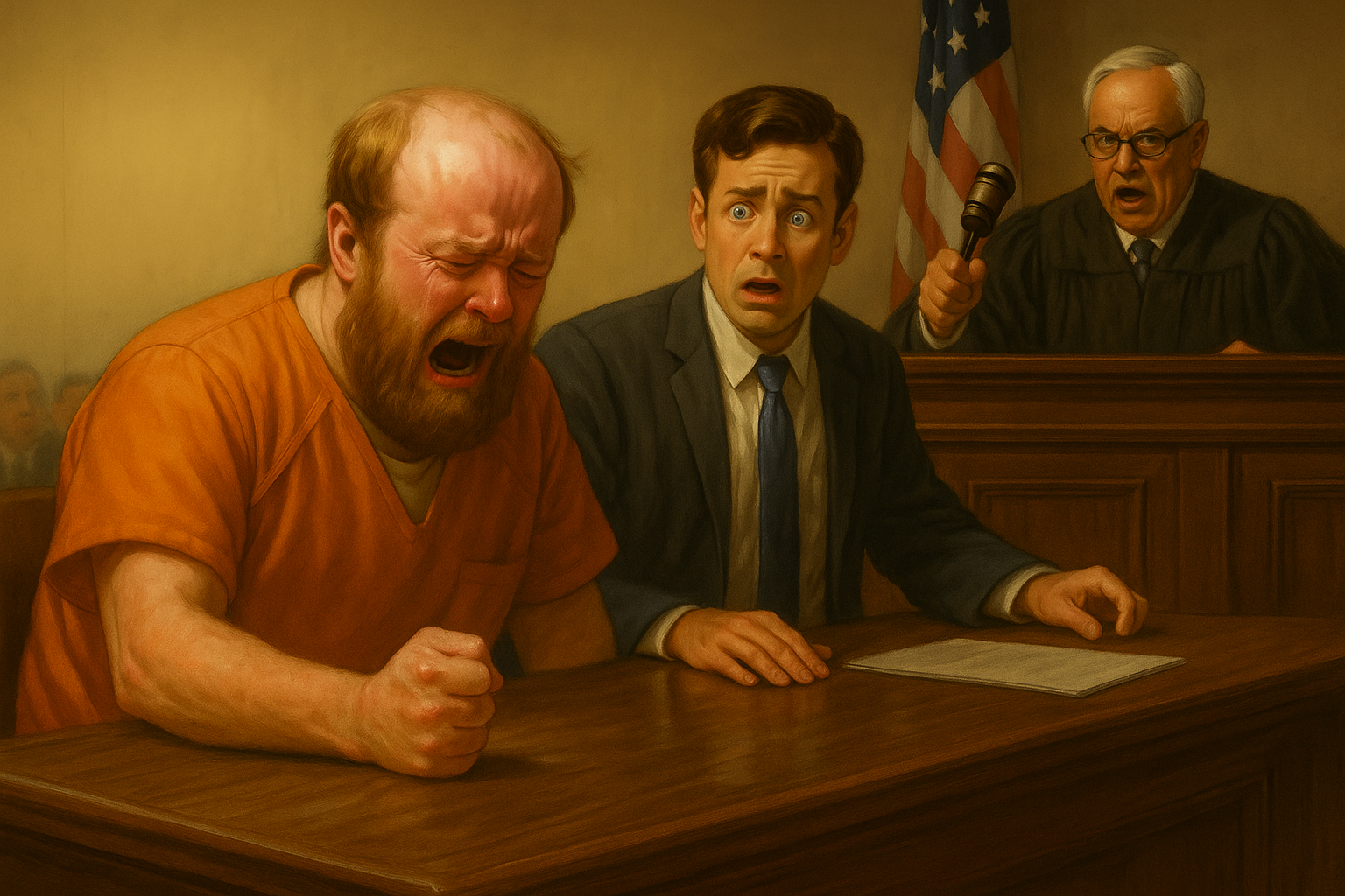 not luke wenke angry ponding fist courtroom defendant orange jumpsuite inmate detainee prisoner defense attorney