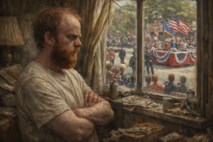 not luke wenke angry balding bearded white man white t-shirt staring out window at patriotic parade