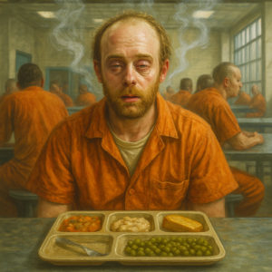 not luke wenke inmate orange jumpsuit balding white man drugged out high smoke cafeteria jail food prison
