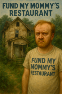 not luke wenke balding ugly white man t-shirt fund my mommy's restaurant standing in front of deplorable ramshackle home