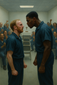 short white male prisoner blue jumpsuit face-off with african-american prisoner