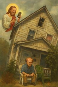 not luke wenke angry balding white man sitting lawn chair outside condemned house jesus christ in the sky