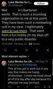 luke wenke x twitter screenshots threats to sue libertarian party 2023