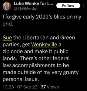 luke wenke x twitter screenshot threats to sue libertarian party green party wenkeville 2023