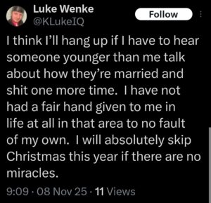 luke wenke x twitter screenshot self-pitying incel 2025