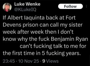 screenshot of a november 2025 luke wenke x/twitter post demanding contact with stalking victim benjamin ryan teeter