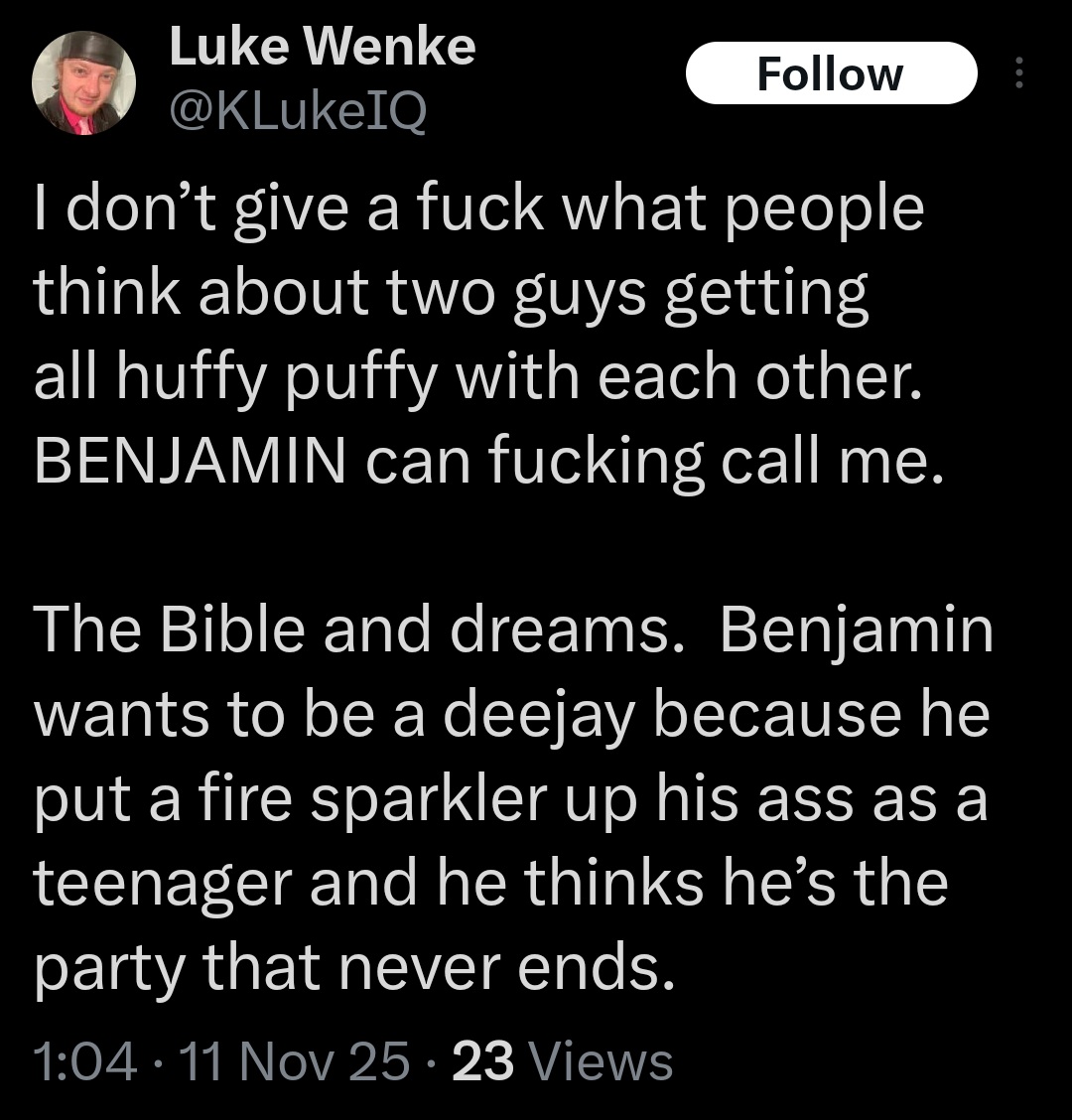 luke wenke x twitter screenshot benjamin ryan teeter obsession 2025