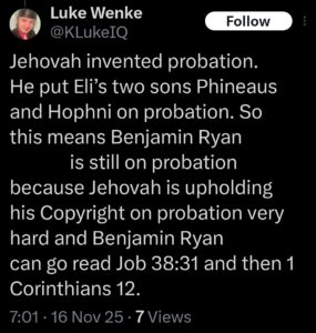screenshot of a november 2025 luke wenke x/twitter post about the bible and stalking victim benjamin ryan teeter