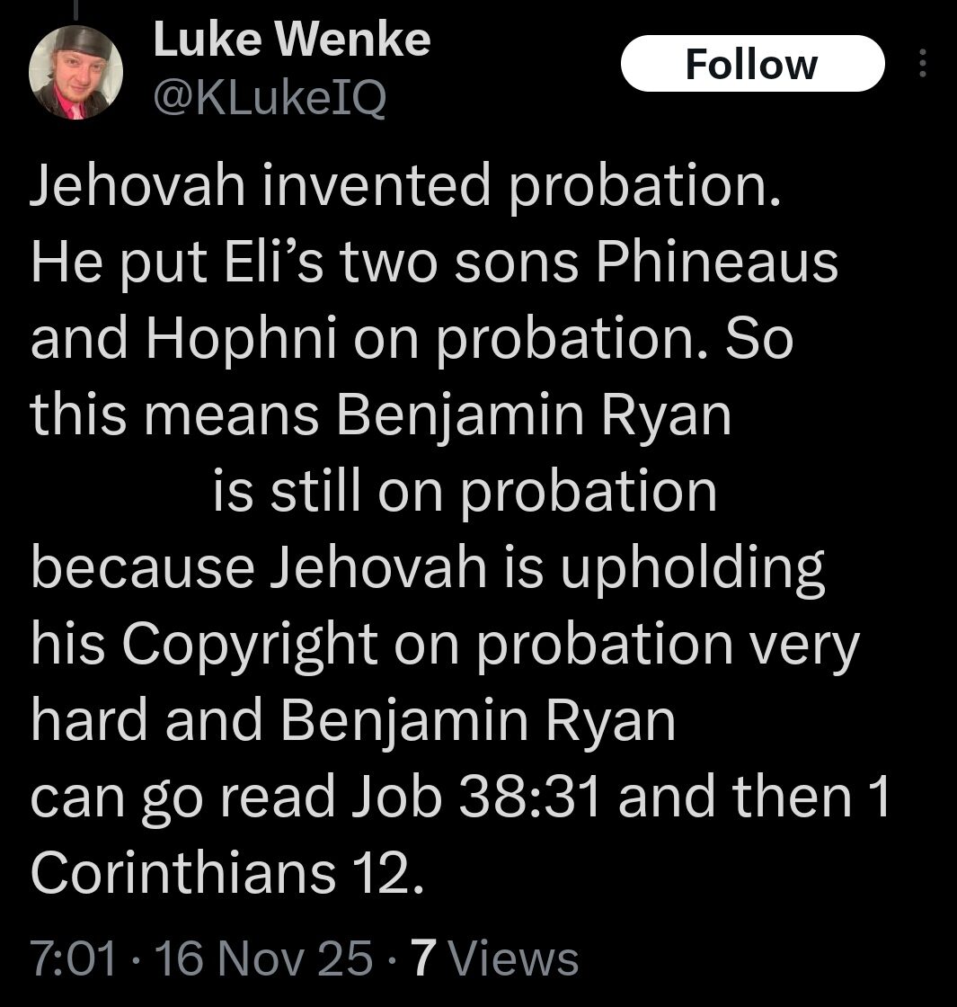 screenshot of a november 2025 luke wenke x/twitter post about the bible and stalking victim benjamin ryan teeter