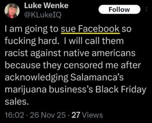 screenshot of luke wenke threatening to sue facebook in an x/twitter post november 2025