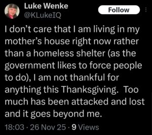 bitter incel luke wenke complains on x/twitter about living at his mommy's house after prison november 2025